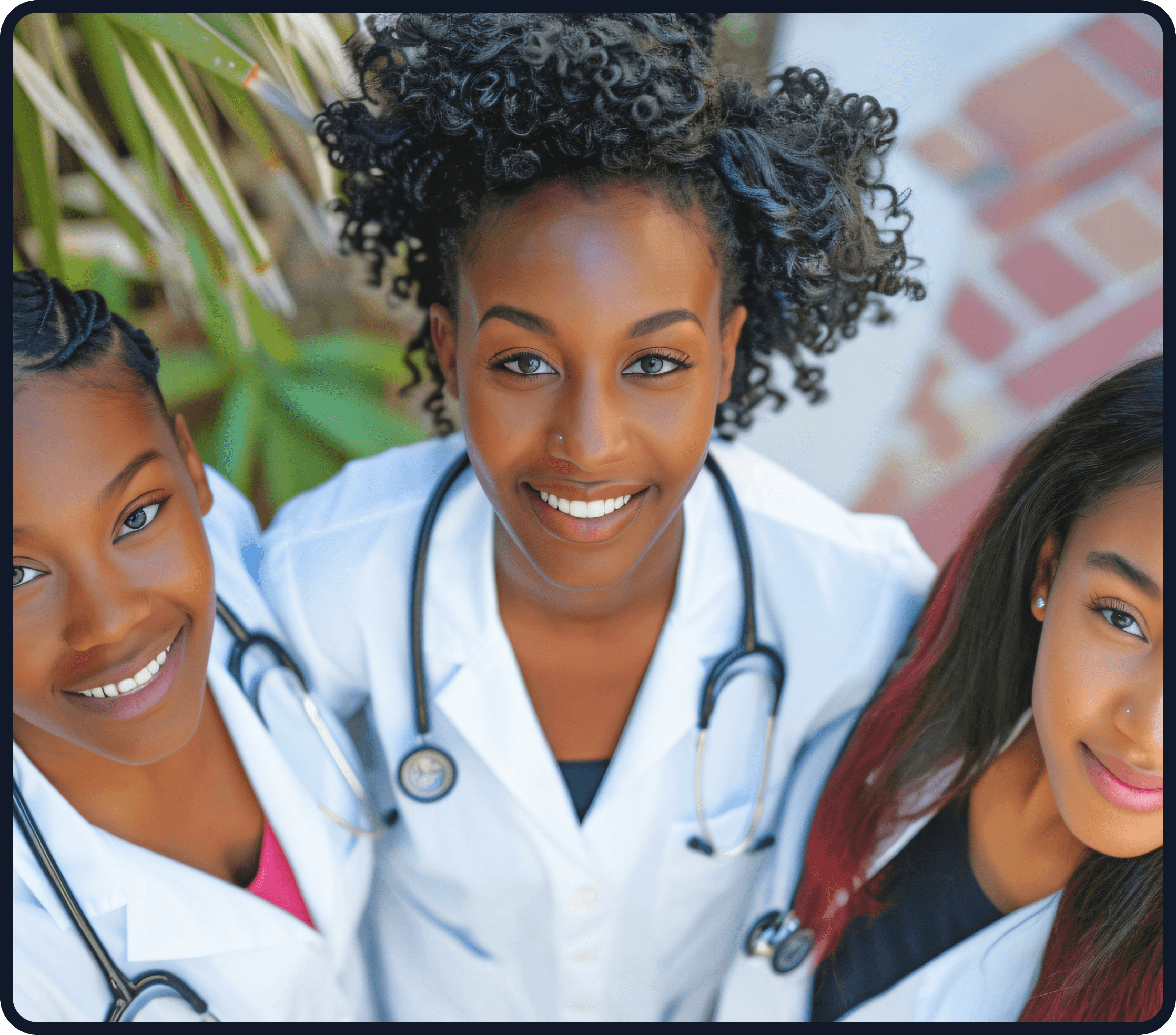 Three female doctors smiling, representing innovation with a human heart