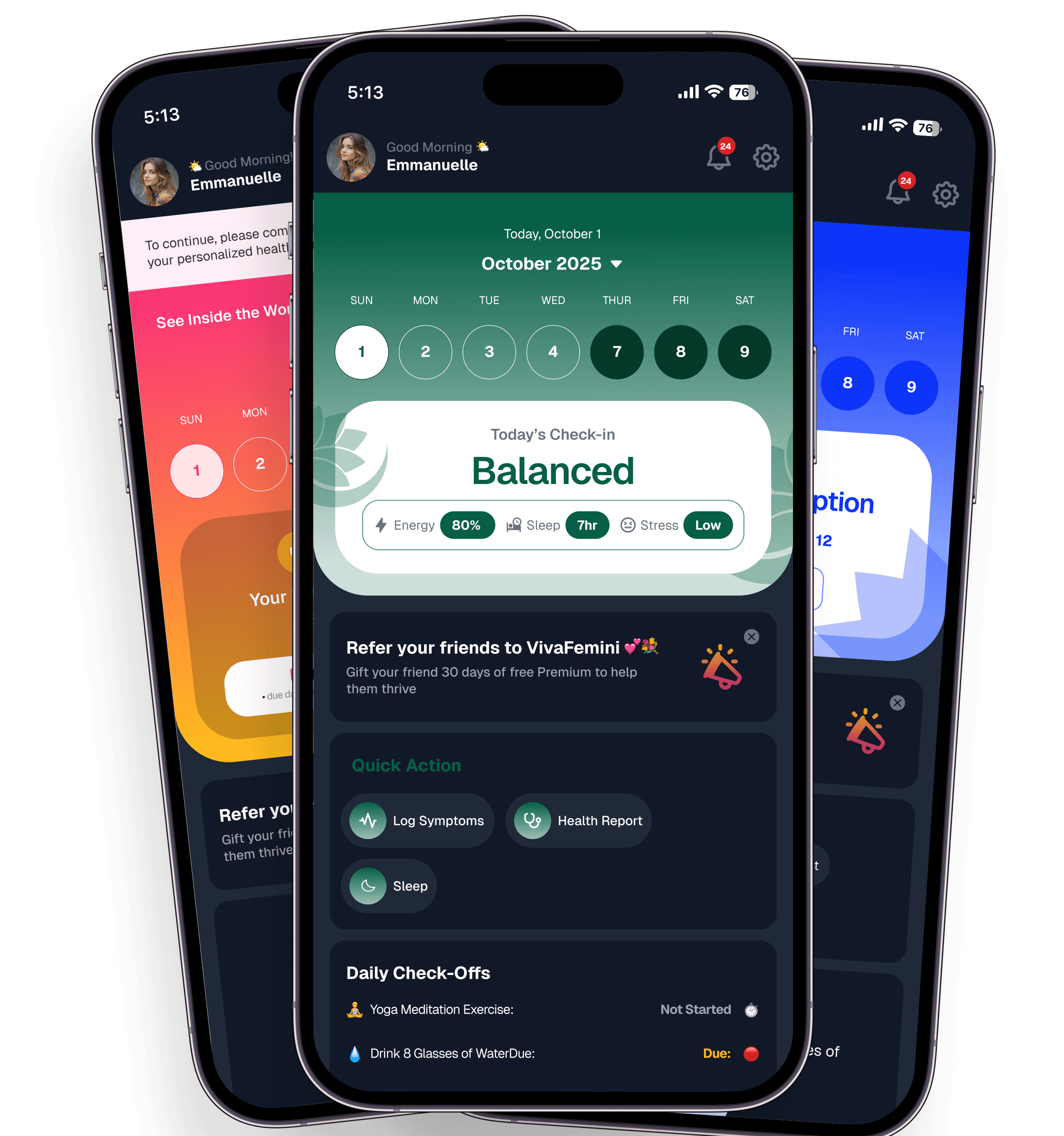 VivaFemini app interface on multiple mobile devices in dark mode