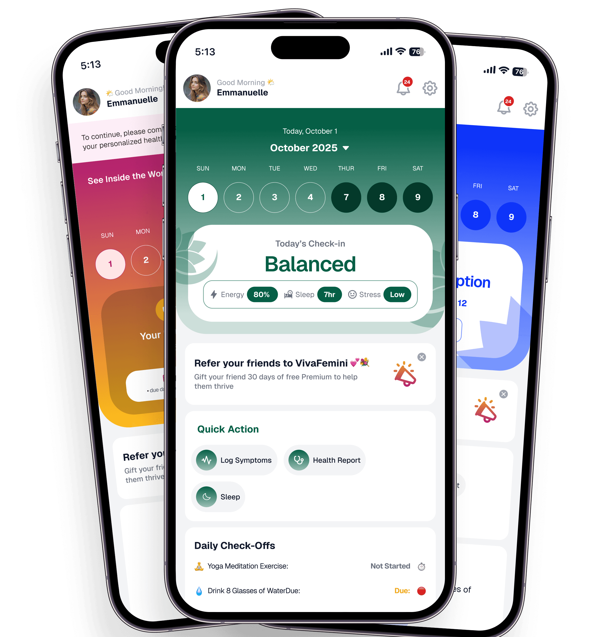 VivaFemini app interface on multiple mobile devices
