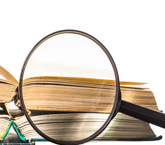 Books and magnifying glass representing accountability